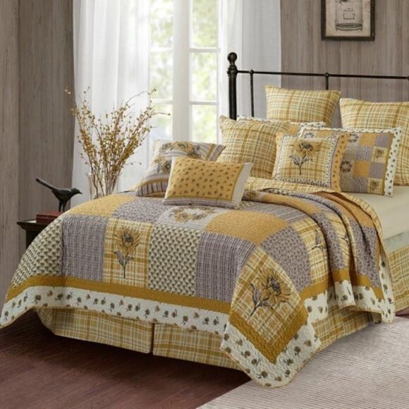 Farmhouse Sunflower Garden Patchwork QUEEN Printed Quilt Set Bonus Tote Bag - Picture 2 of 10